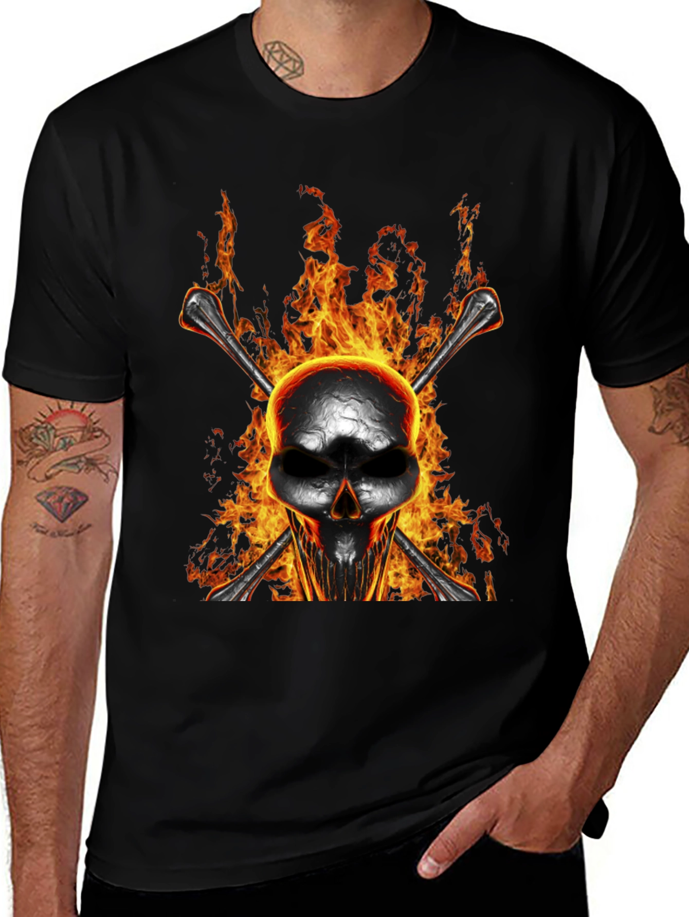 Flaming Skull Bones Graphic T-Shirt