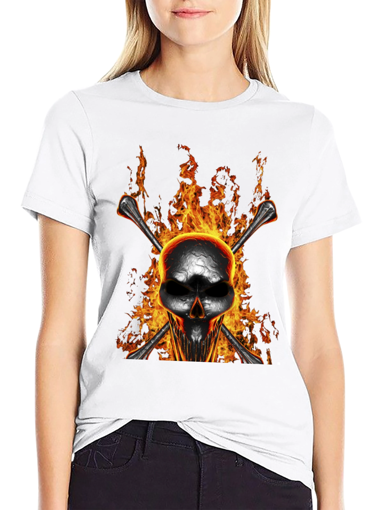 Flaming Skull Bones Graphic T-Shirt