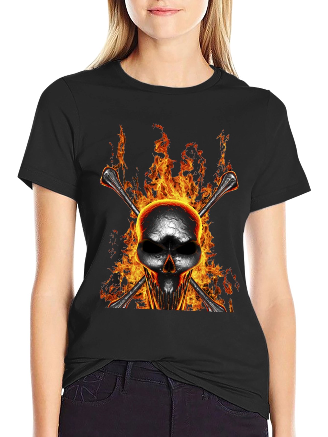 Flaming Skull Bones Graphic T-Shirt