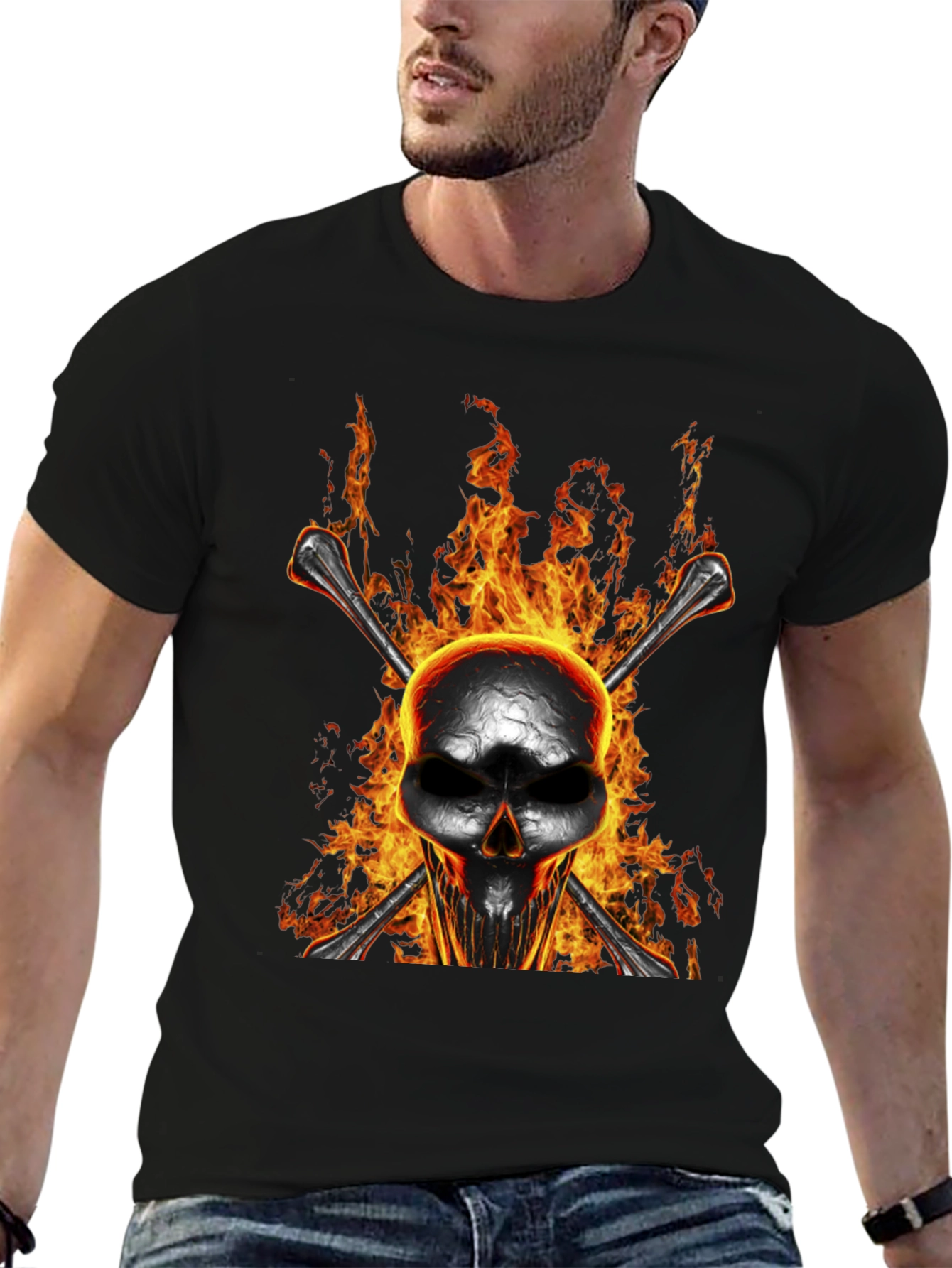 Flaming Skull Bones Graphic T-Shirt