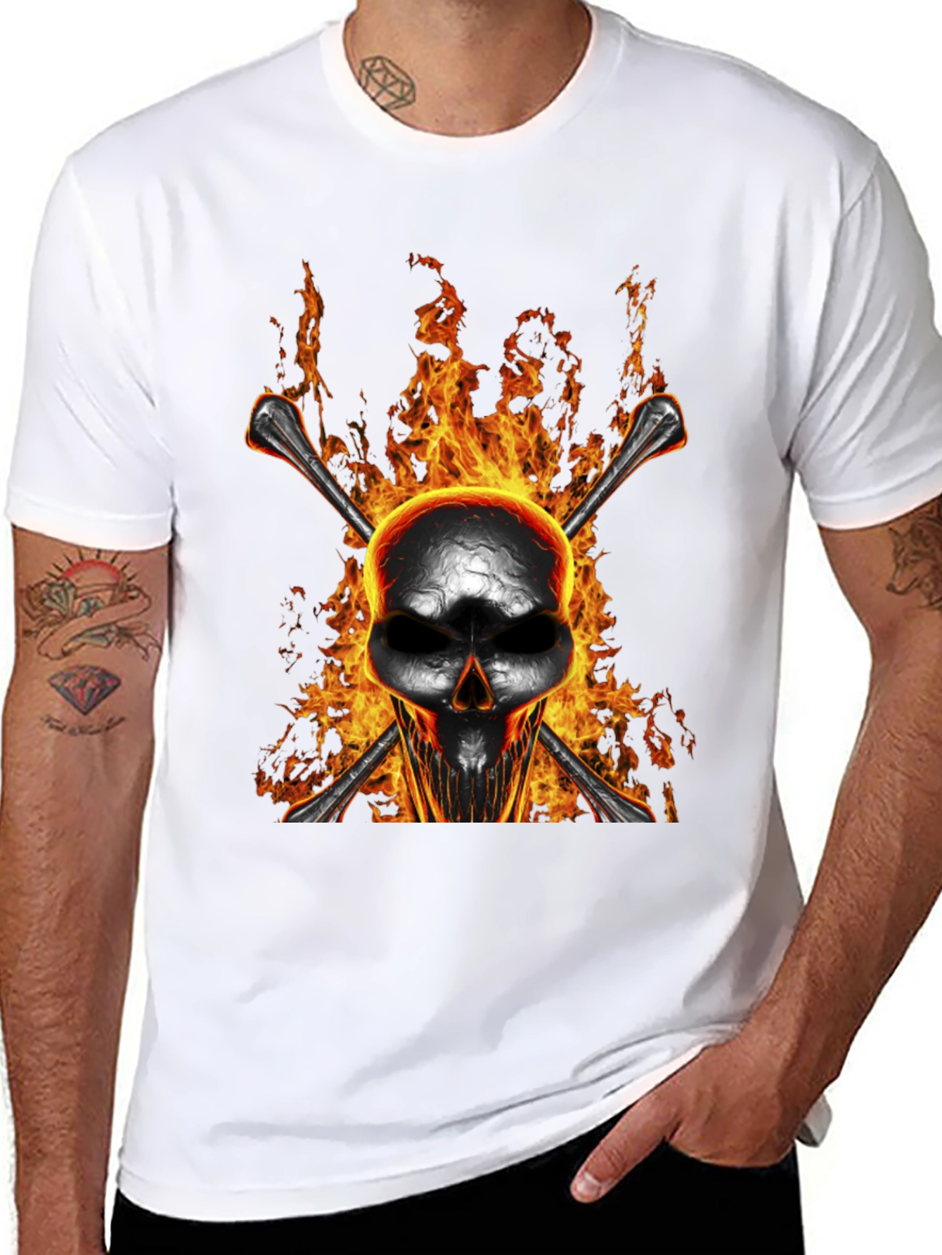 Flaming Skull Bones Graphic T-Shirt