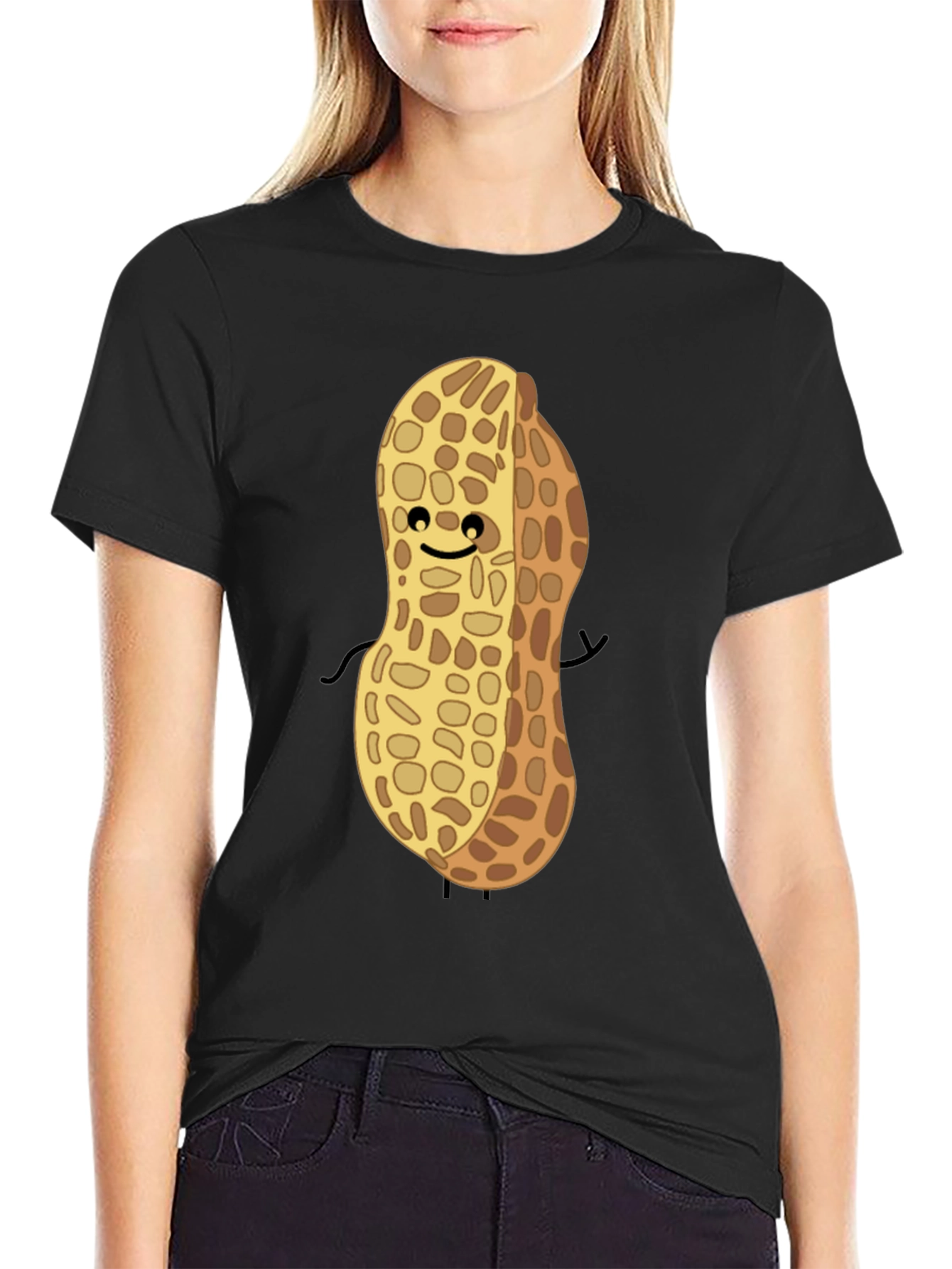 Cute Peanut Character Graphic T-Shirt - Black