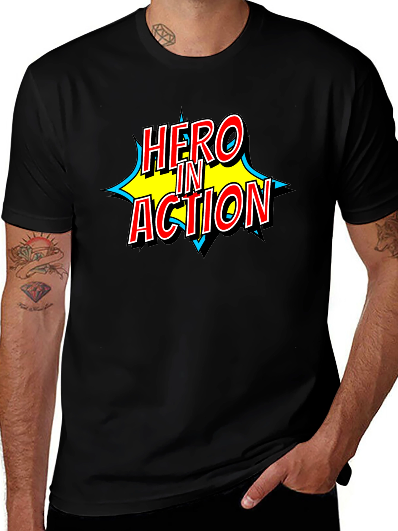 Hero in Action Comic Book Style Graphic T-Shirt