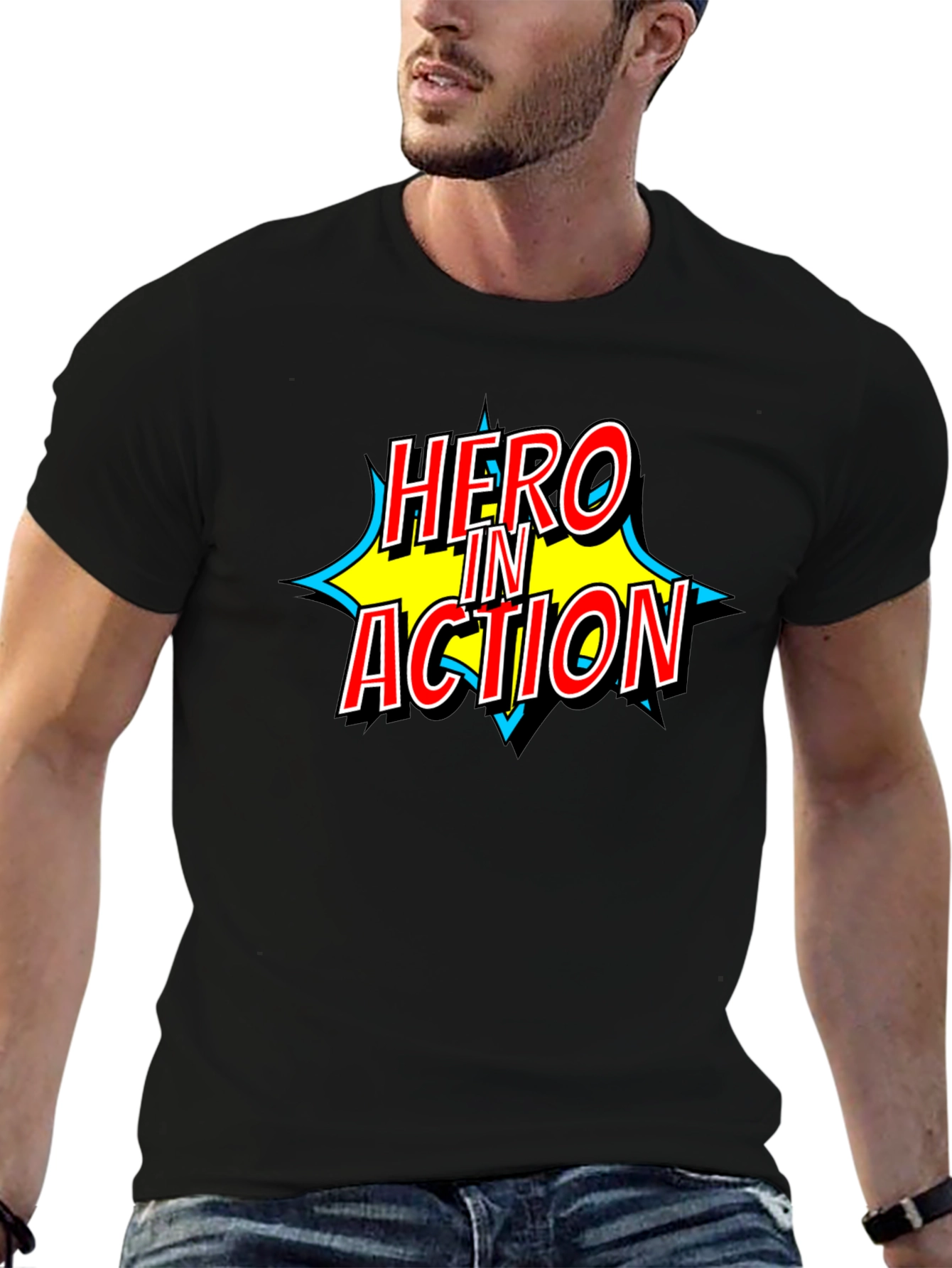 Hero in Action Comic Book Style Graphic T-Shirt