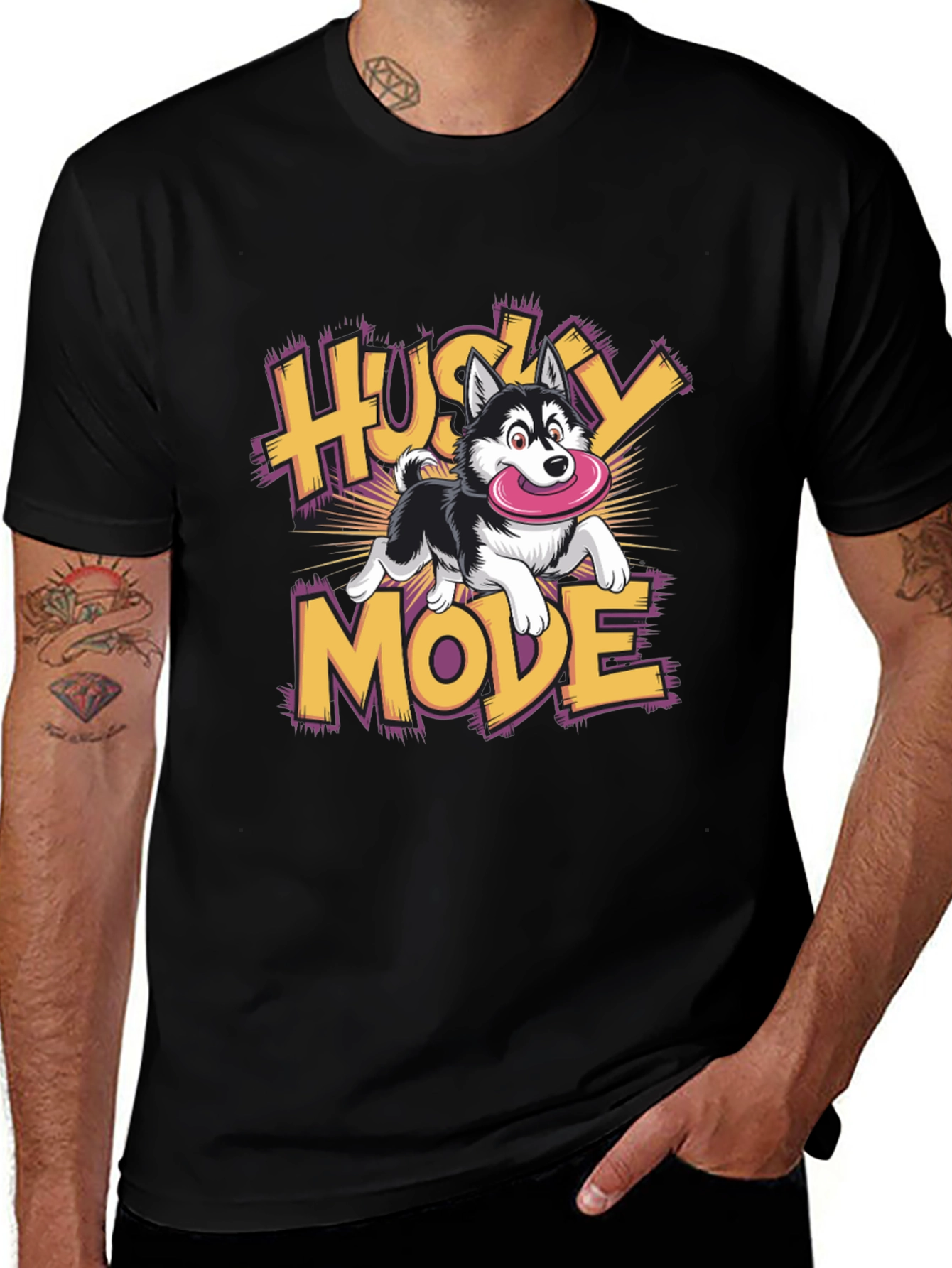 Husky Mode Cartoon Graphic Black T-Shirt