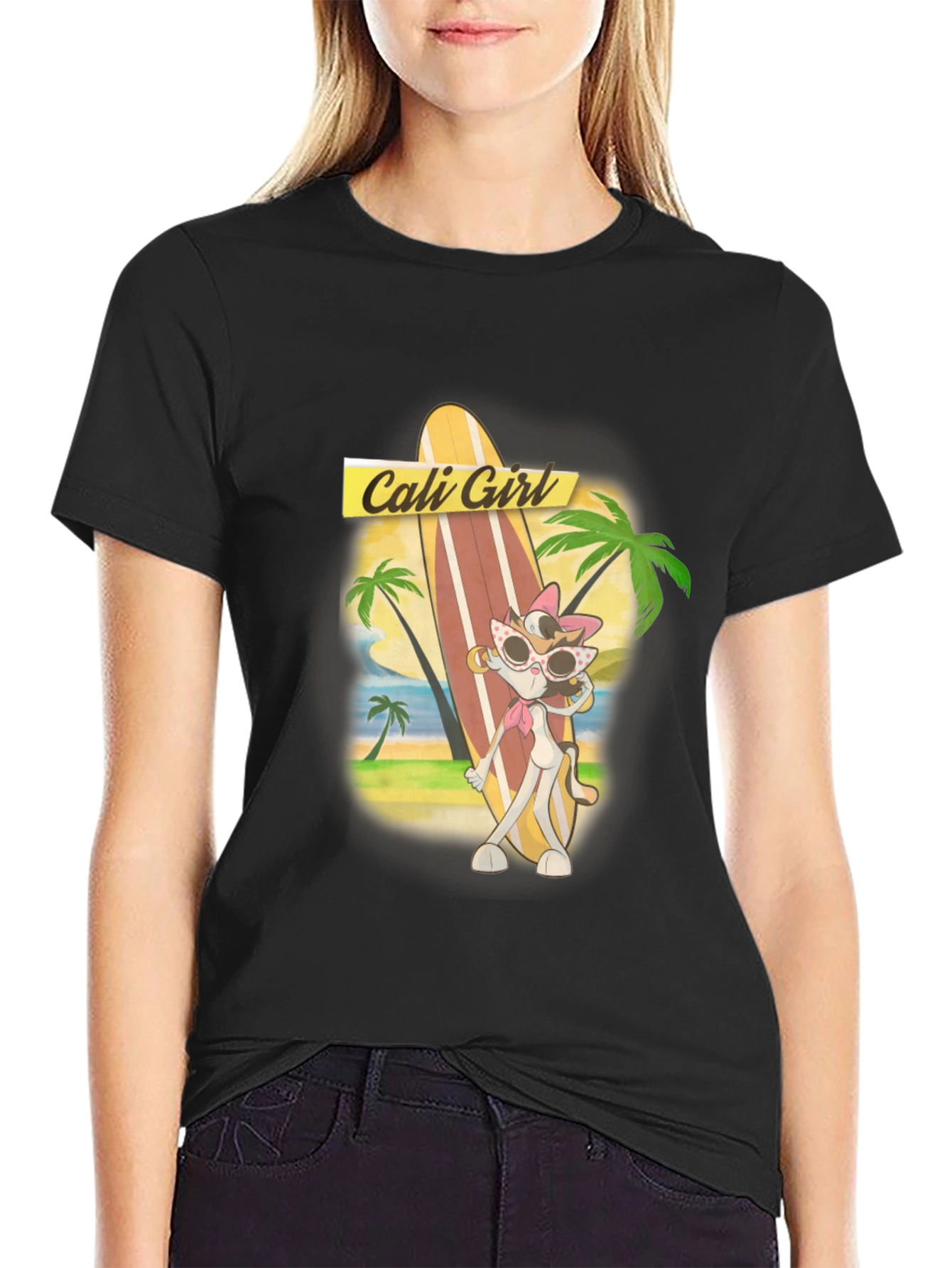 Cali Girl Cartoon Graphic Black T-Shirt