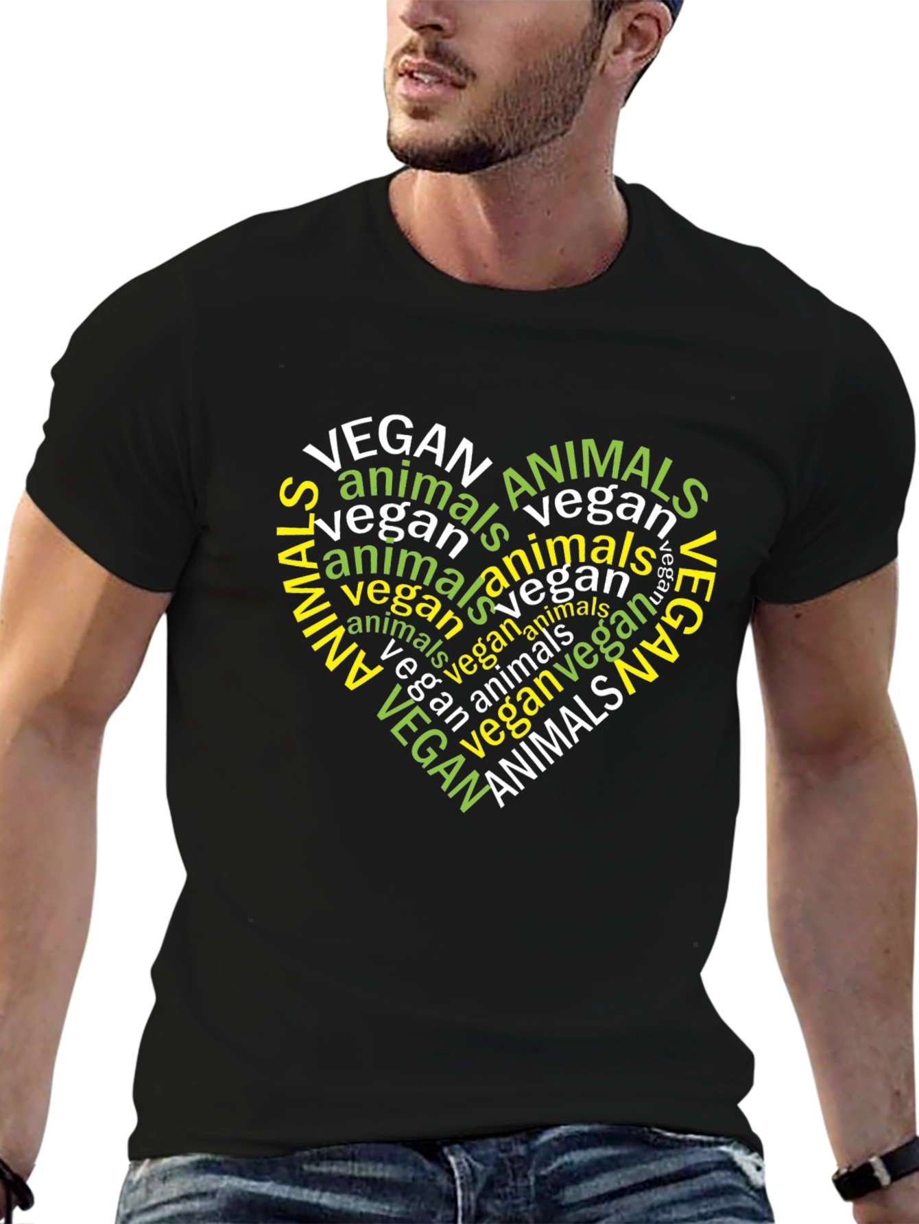 Vegan Animals Word Art Heart Black T-Shirt