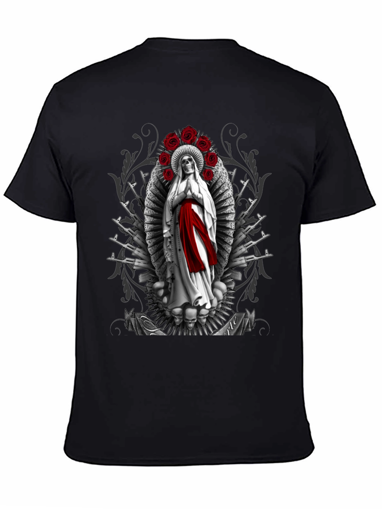 Grim Reaper Virgin Mary T-Shirt - Skull Roses AK47s