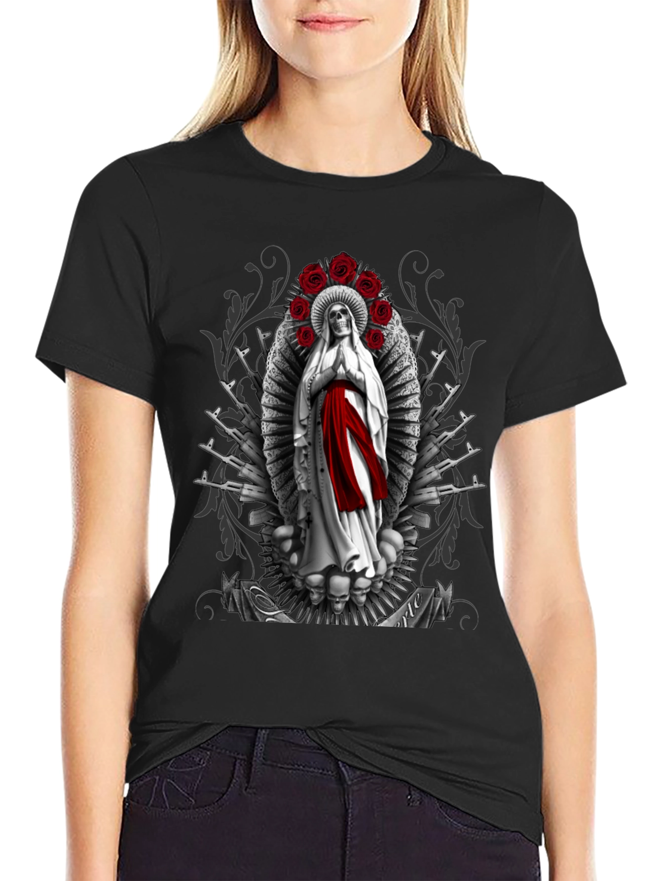 Grim Reaper Virgin Mary T-Shirt - Skull Roses AK47s