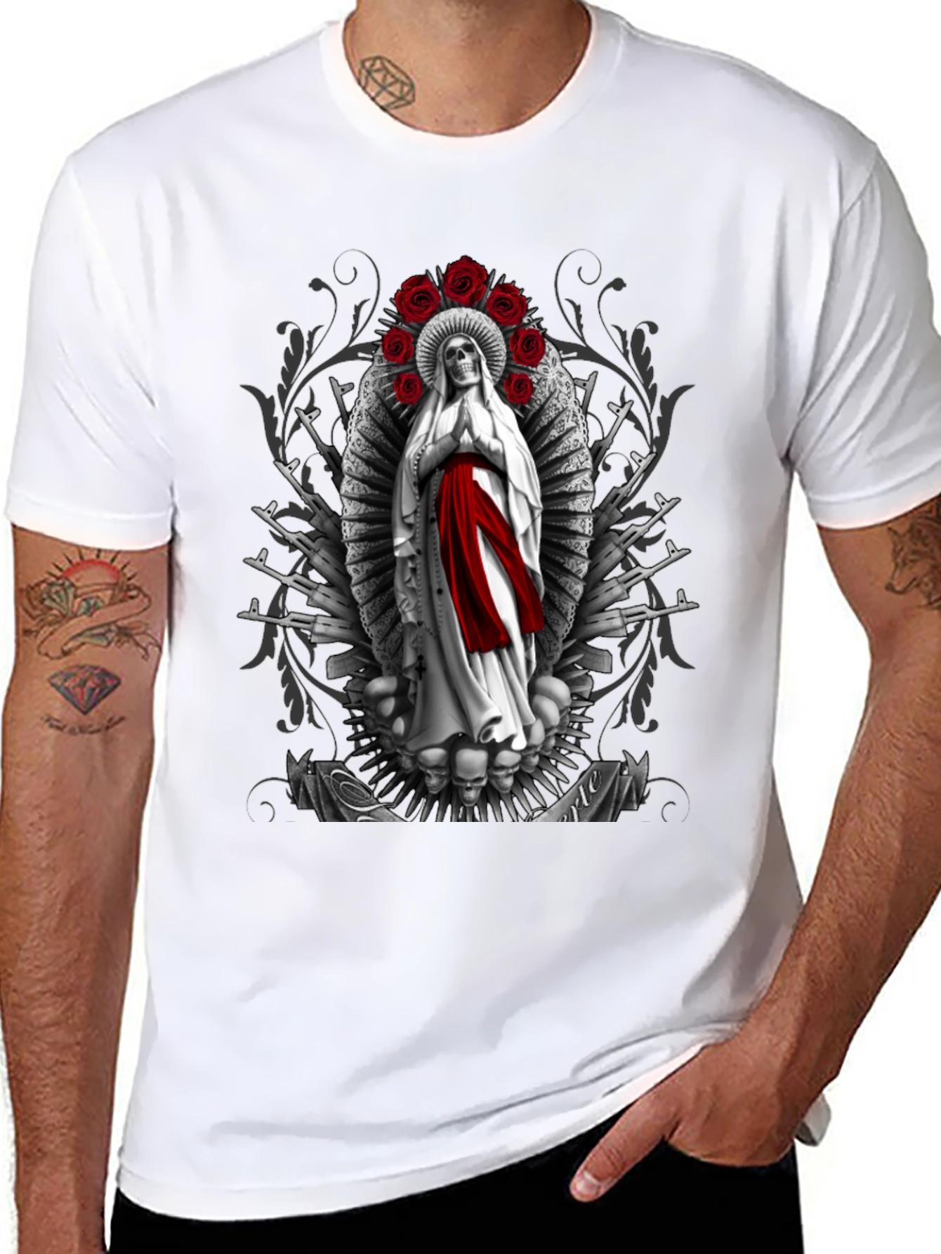 Grim Reaper Virgin Mary T-Shirt - Skull Roses AK47s