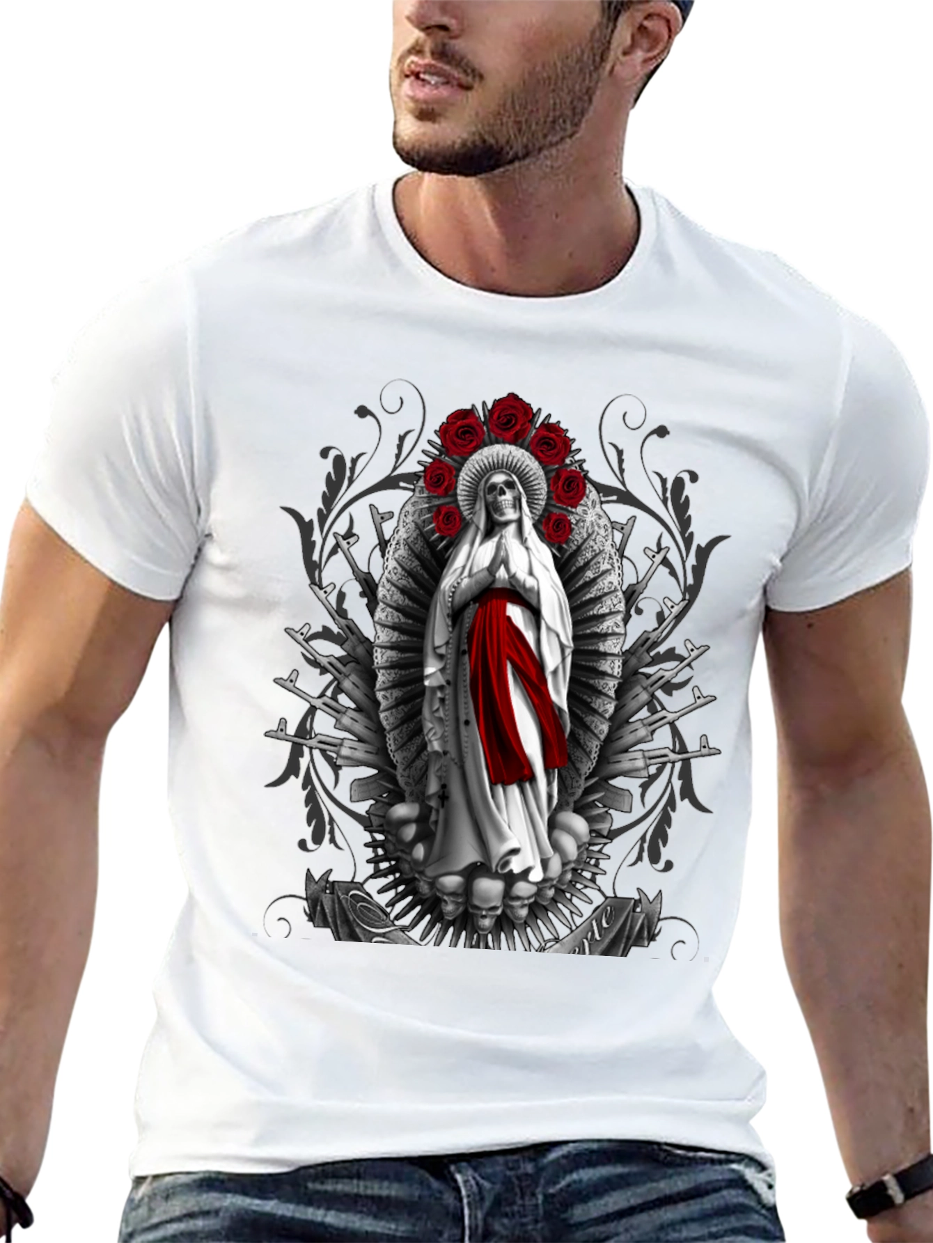 Grim Reaper Virgin Mary T-Shirt - Skull Roses AK47s
