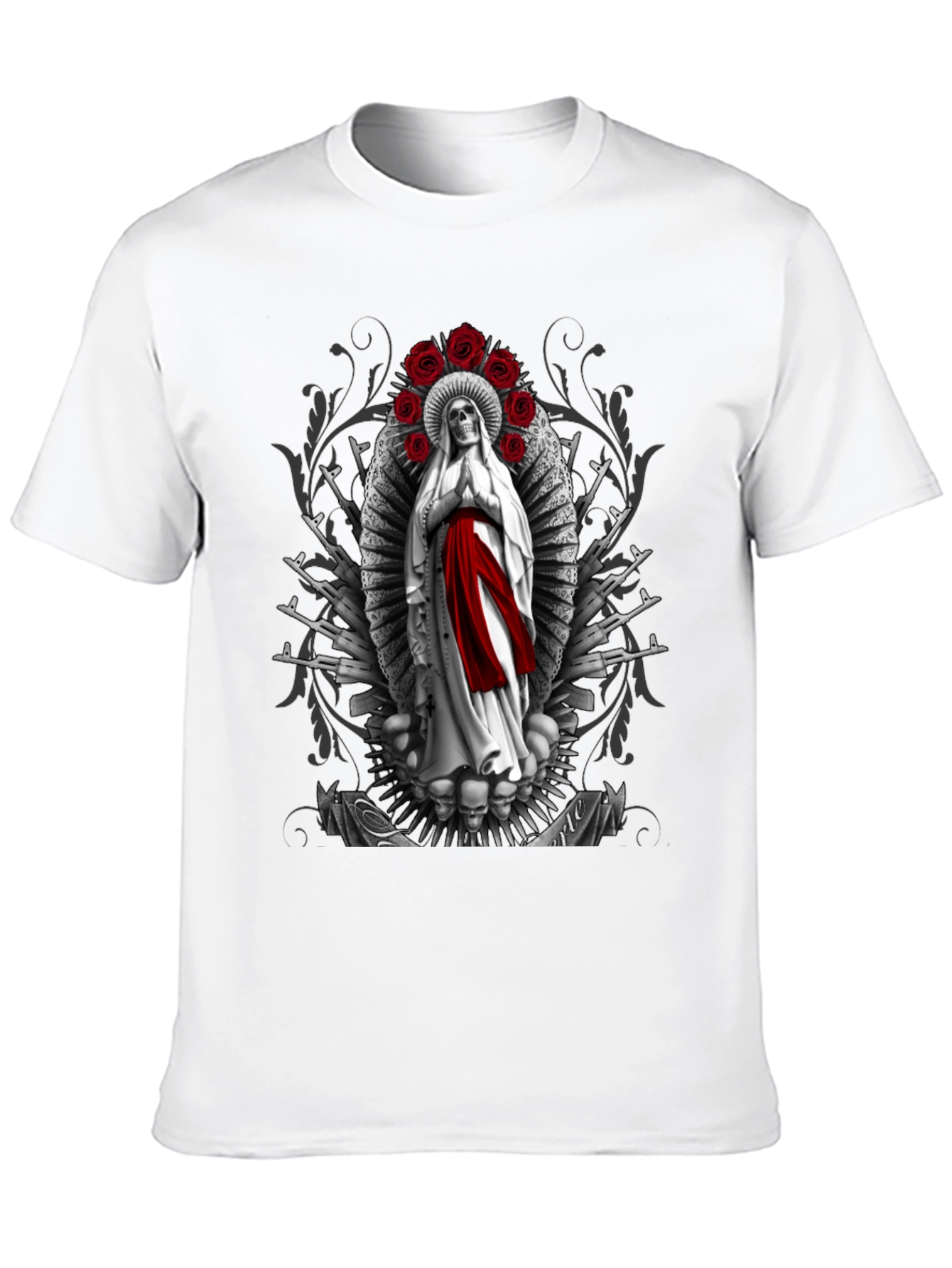 Grim Reaper Virgin Mary T-Shirt - Skull Roses AK47s