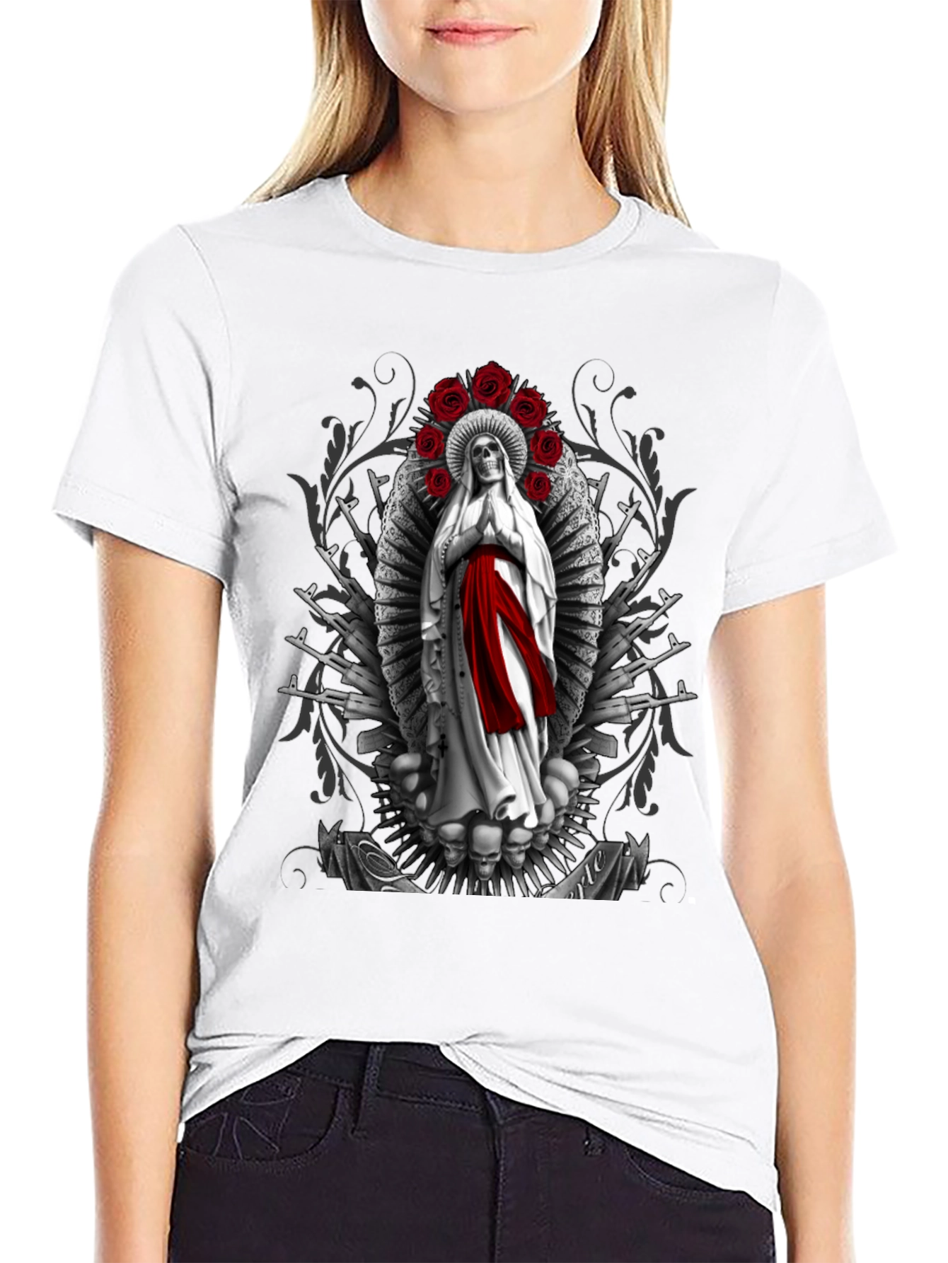 Grim Reaper Virgin Mary T-Shirt - Skull Roses AK47s