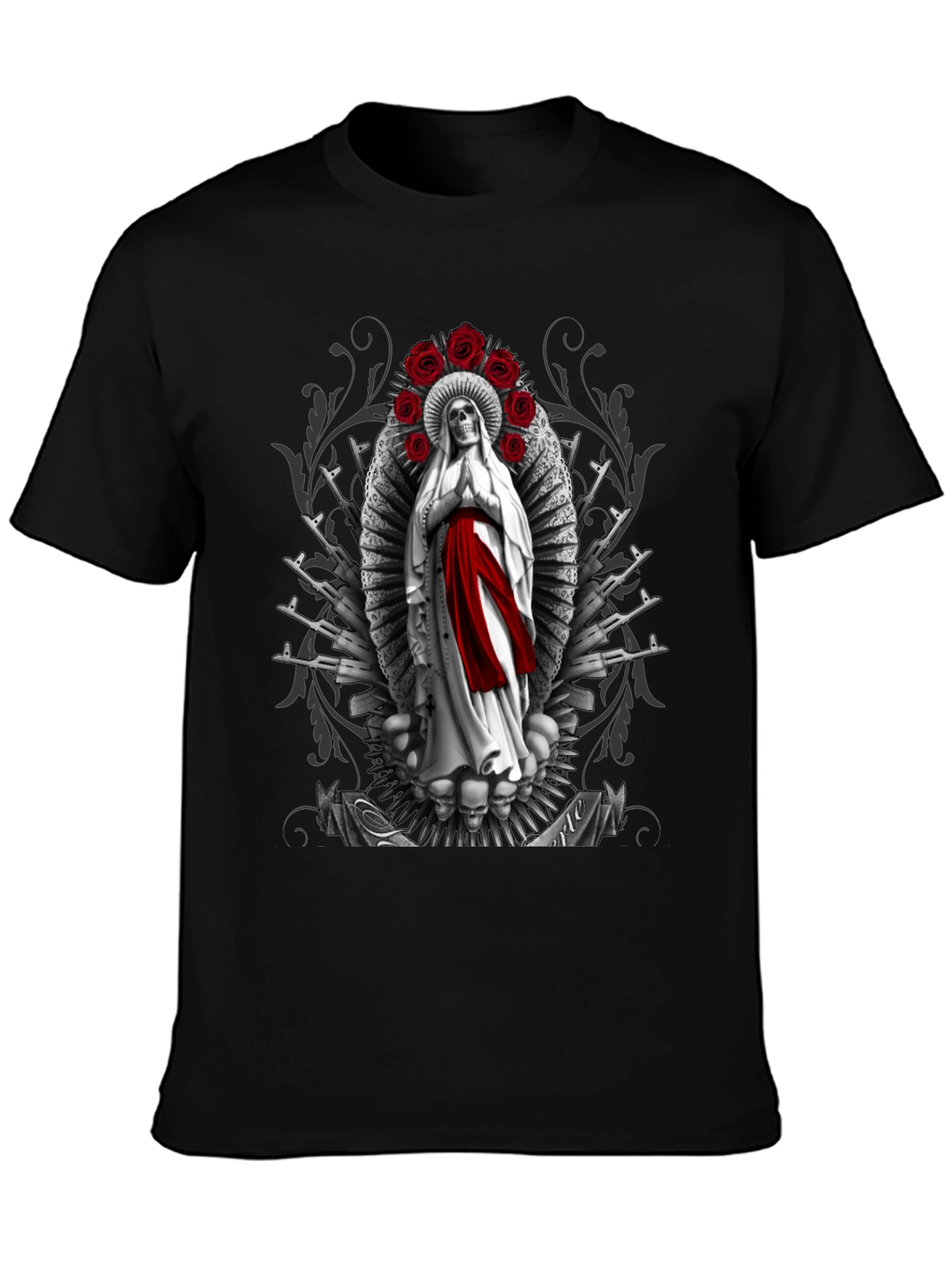 Grim Reaper Virgin Mary T-Shirt - Skull Roses AK47s
