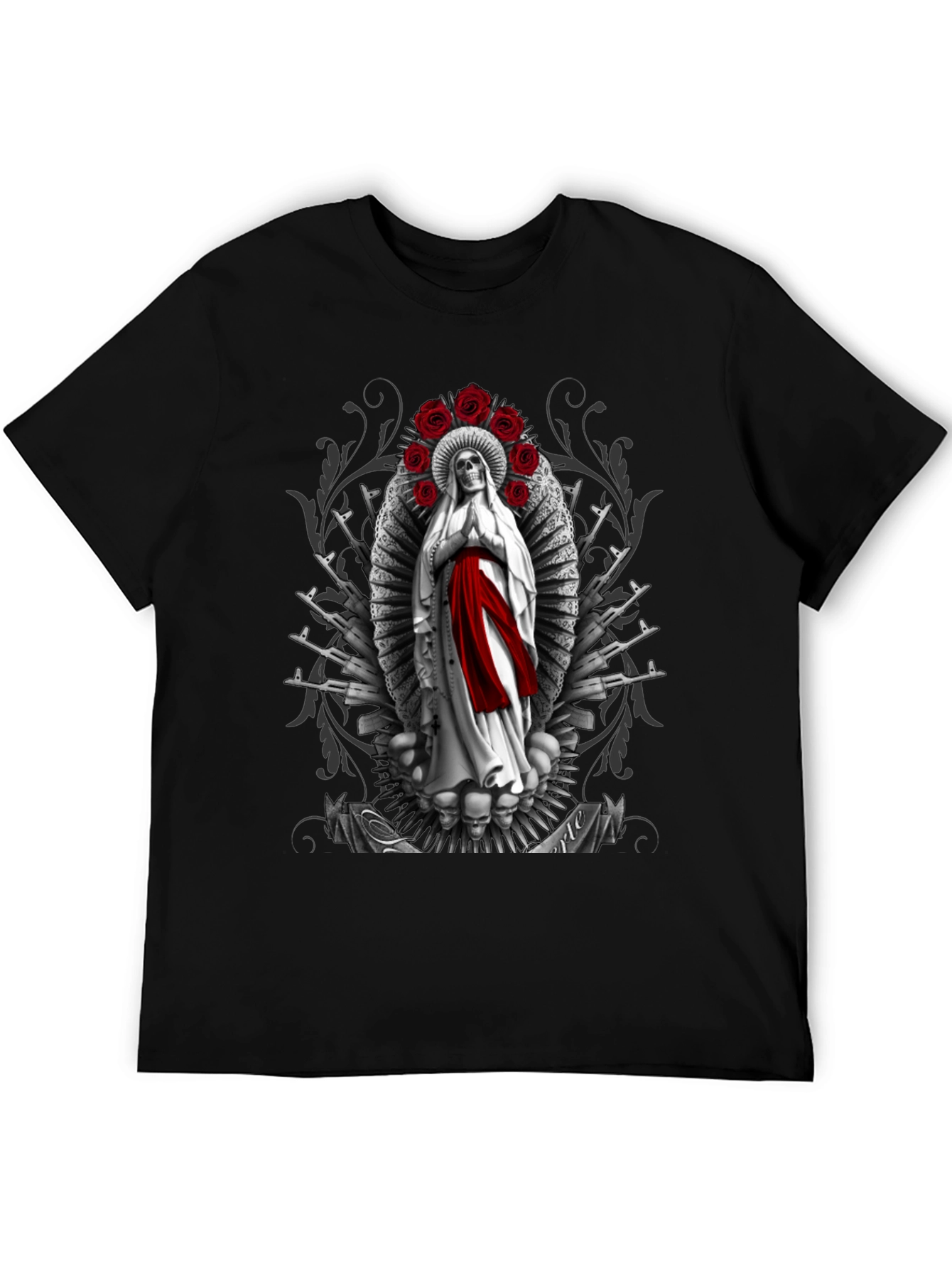 Grim Reaper Virgin Mary T-Shirt - Skull Roses AK47s