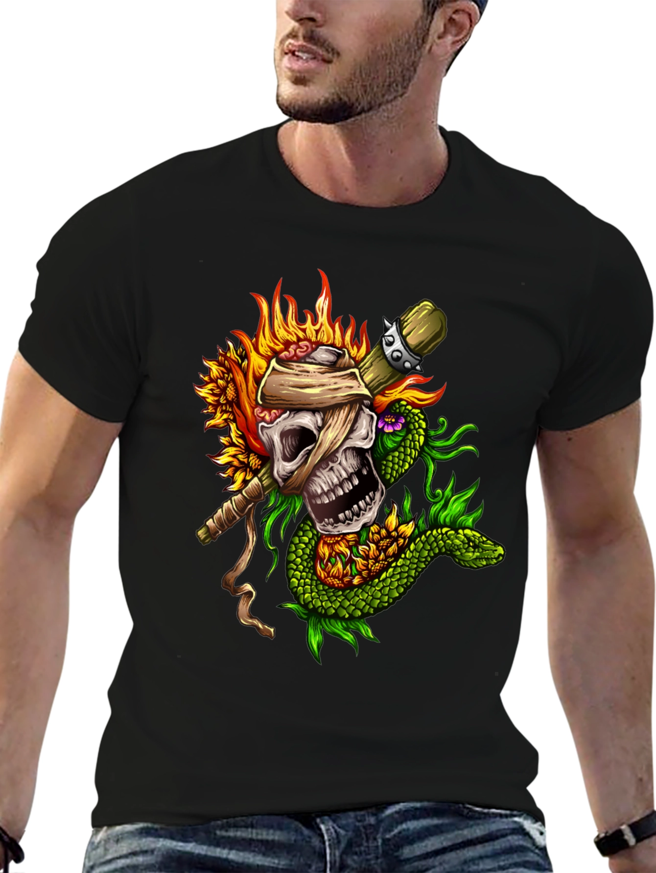 Skull Snake Sunflowers Black T-Shirt