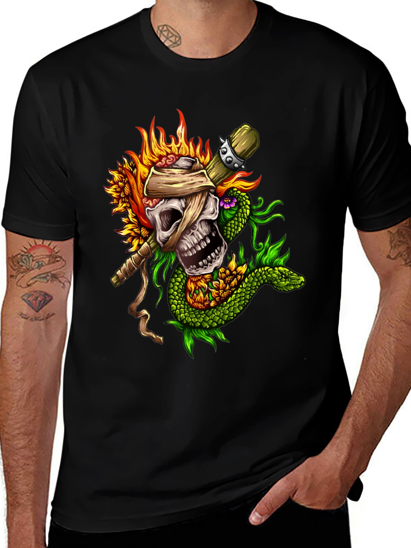 Skull Snake Sunflowers Black T-Shirt