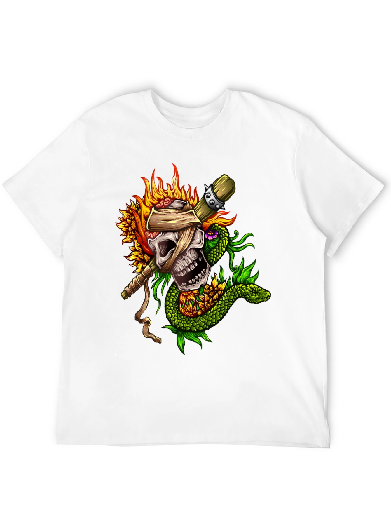 Skull Snake Sunflowers Black T-Shirt
