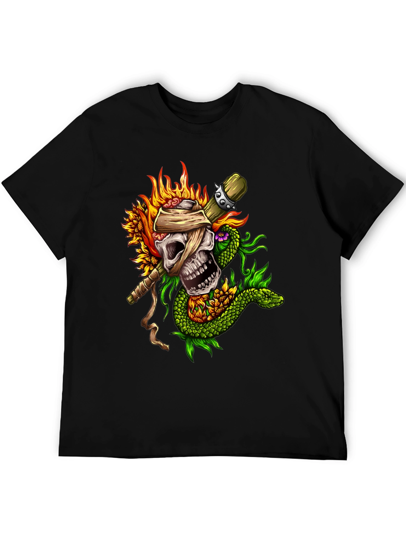 Skull Snake Sunflowers Black T-Shirt