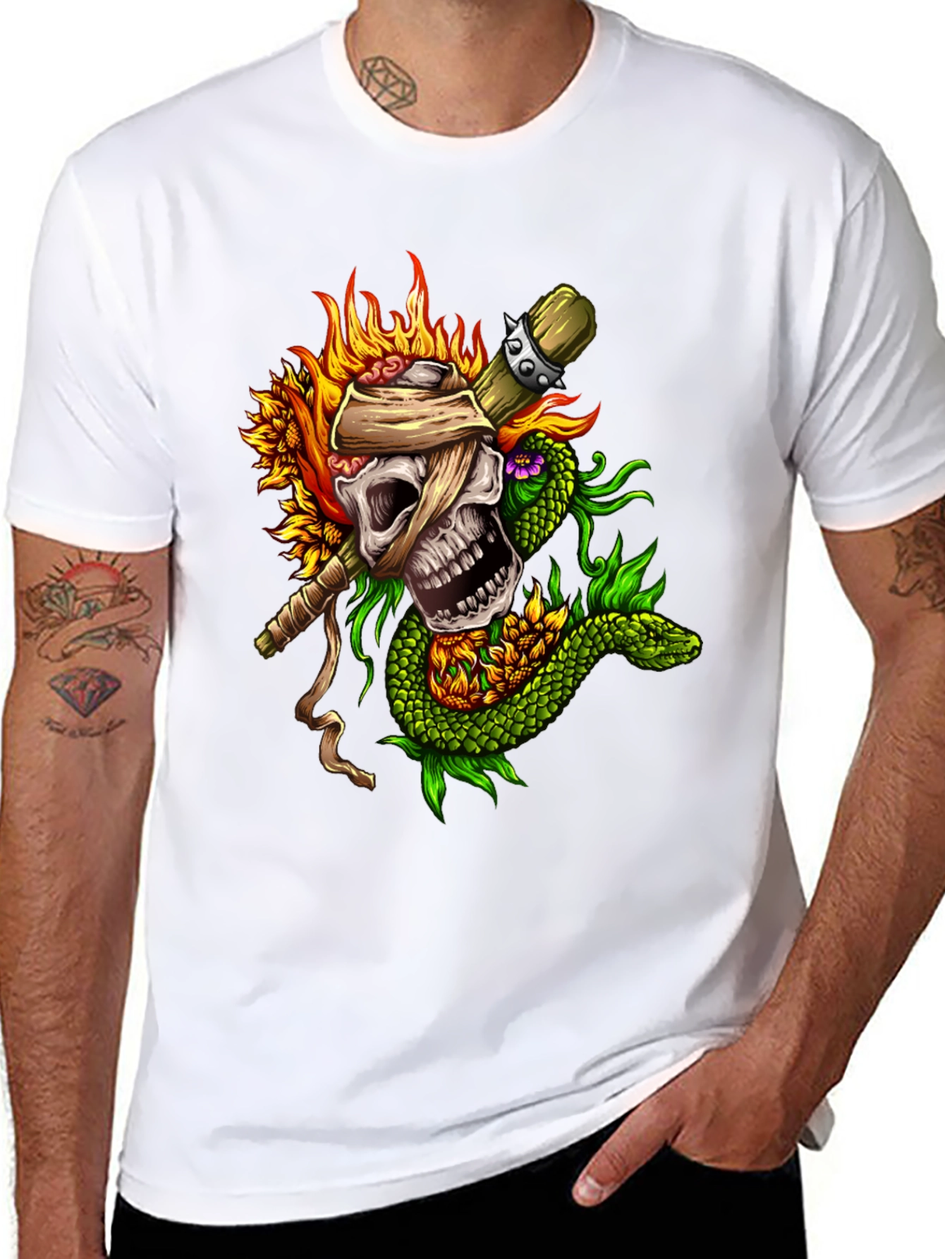 Skull Snake Sunflowers Black T-Shirt