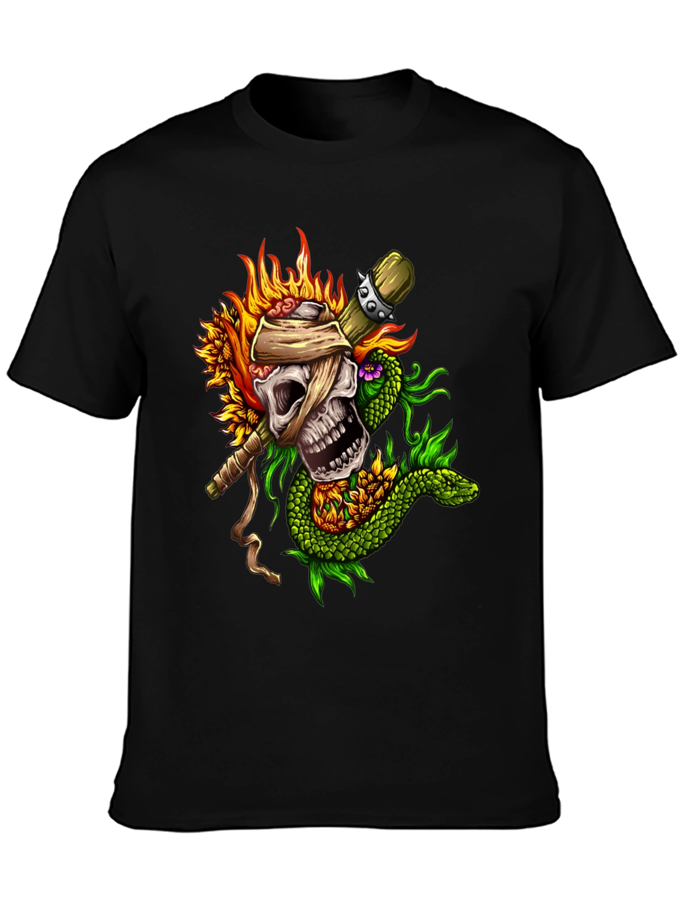Skull Snake Sunflowers Black T-Shirt