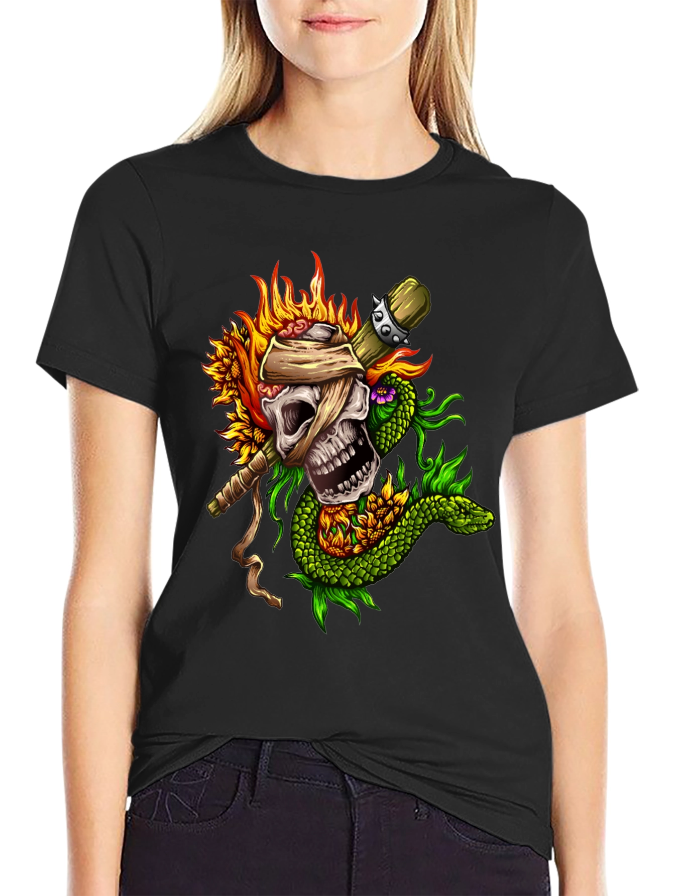 Skull Snake Sunflowers Black T-Shirt
