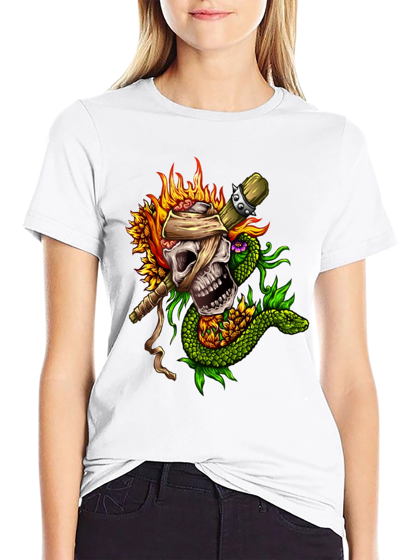Skull Snake Sunflowers Black T-Shirt