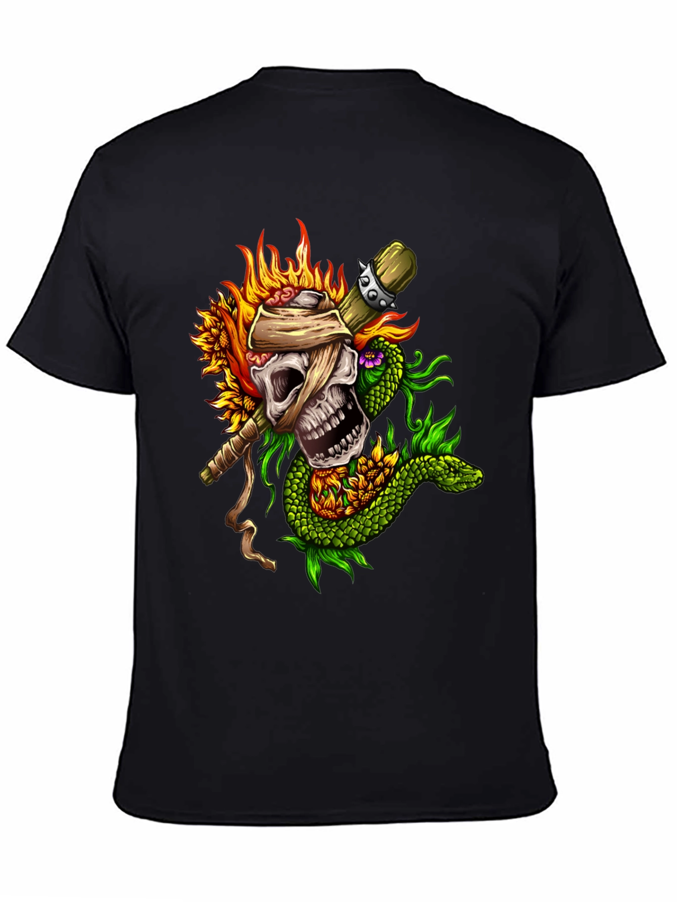 Skull Snake Sunflowers Black T-Shirt