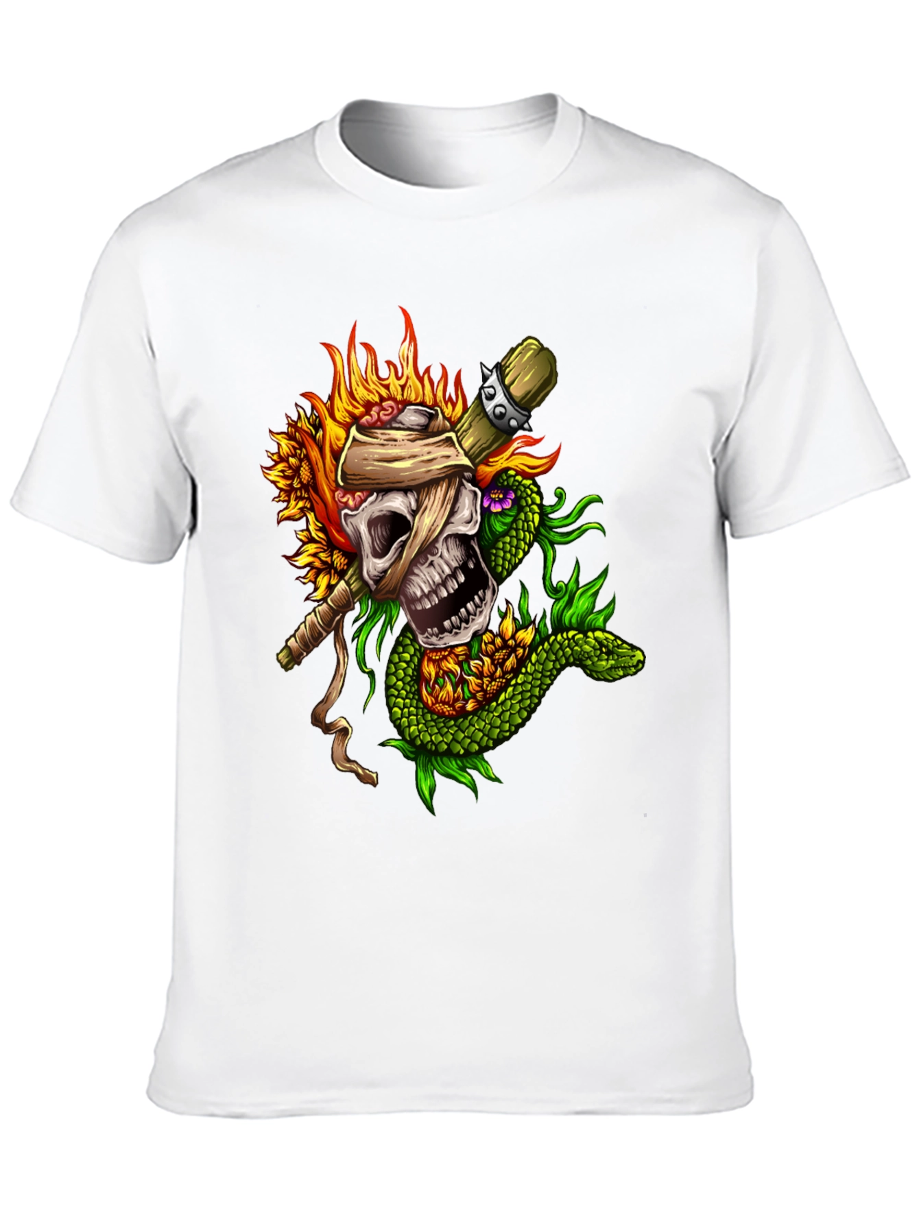 Skull Snake Sunflowers Black T-Shirt