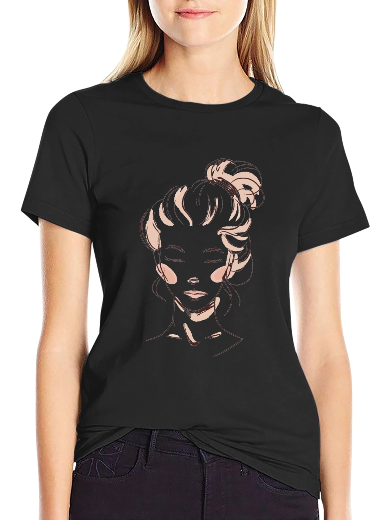 Stylish Black T-Shirt with Artistic Womans Portrait