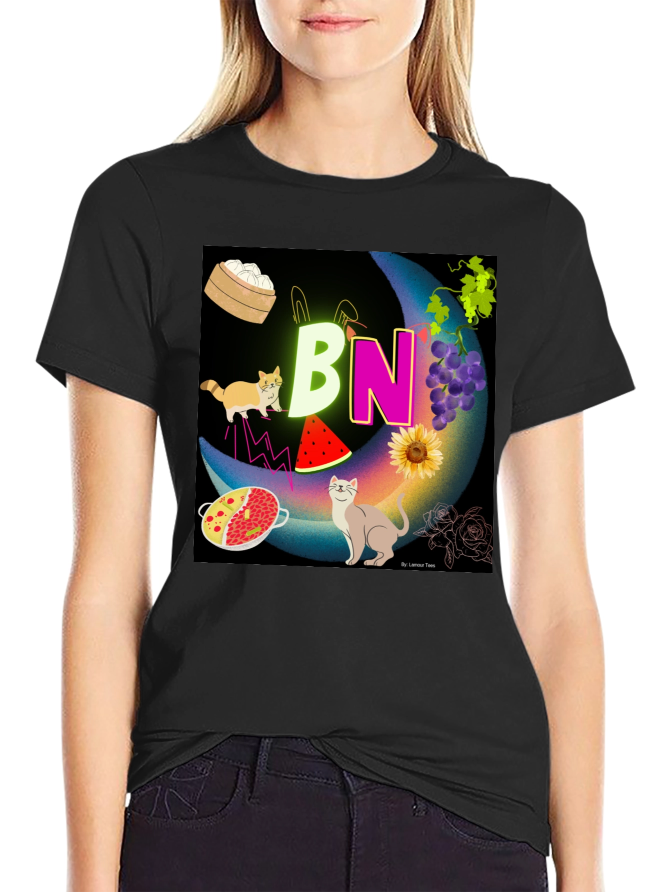 Novelty Graphic T-Shirt: BN Moon with Cats and Food