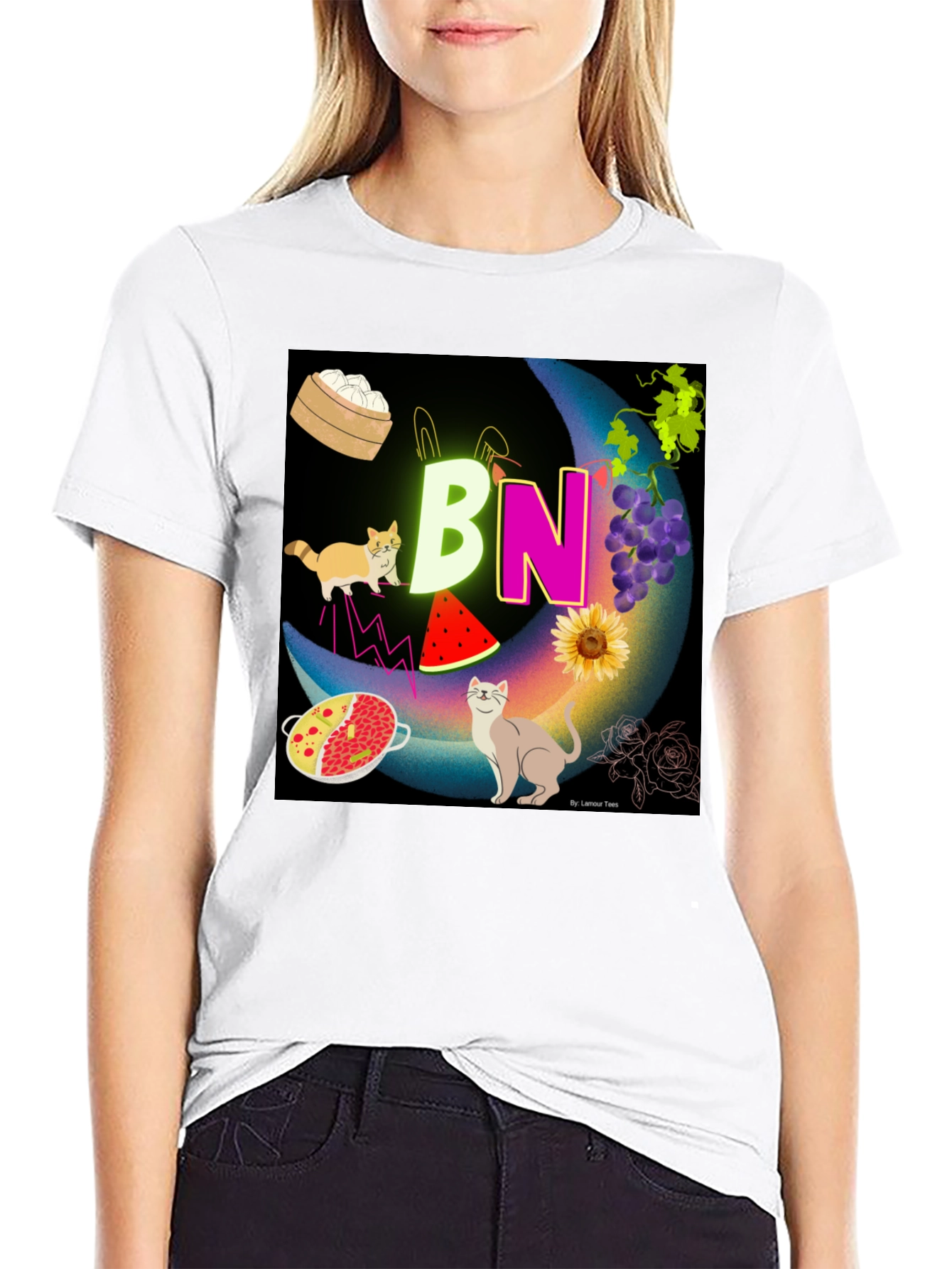 Novelty Graphic T-Shirt: BN Moon with Cats and Food