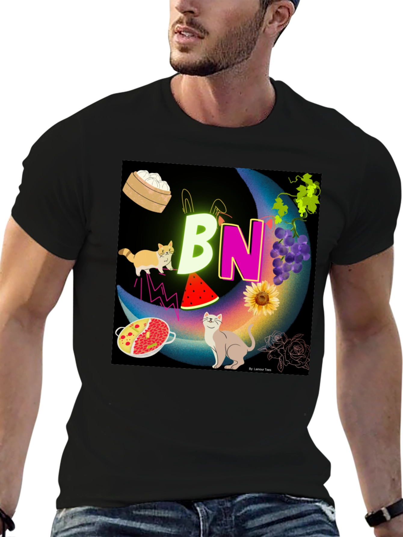 Novelty Graphic T-Shirt: BN Moon with Cats and Food