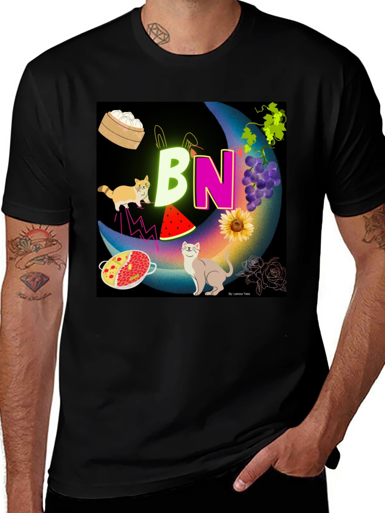 Novelty Graphic T-Shirt: BN Moon with Cats and Food