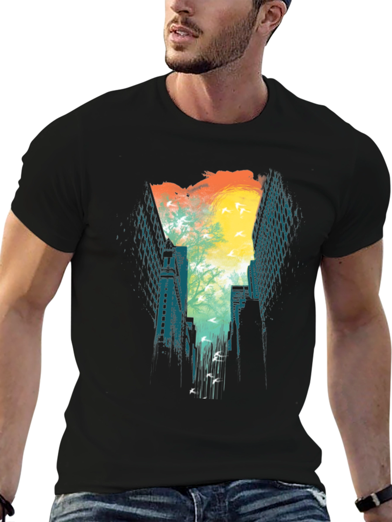 Urban Escape T-Shirt: Cityscape Bird Design