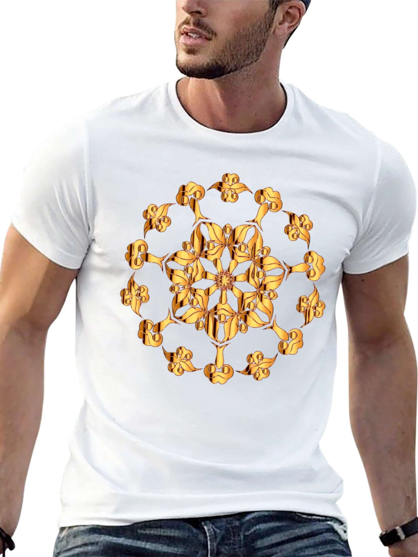 Golden Floral Print Black T-Shirt