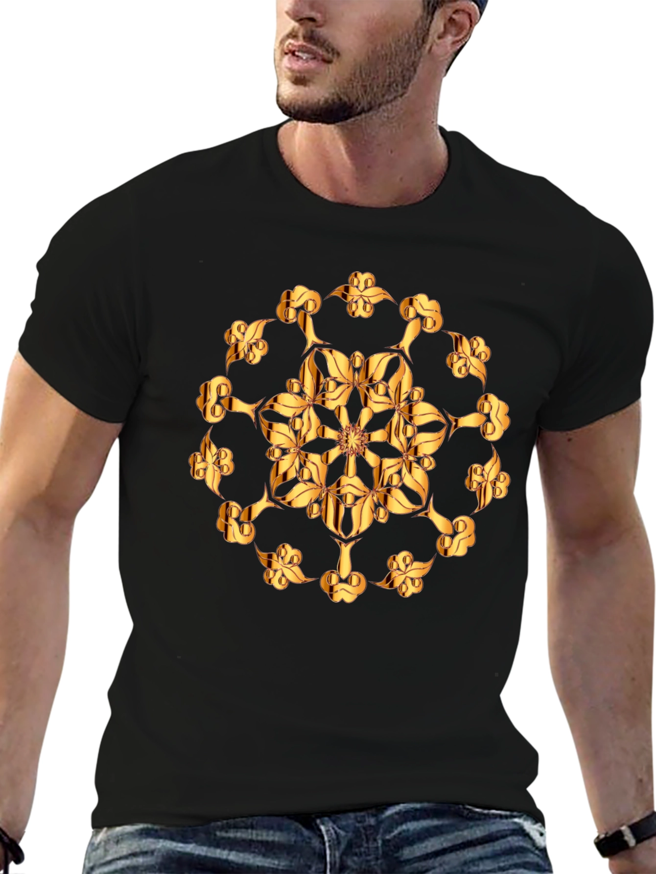 Golden Floral Print Black T-Shirt