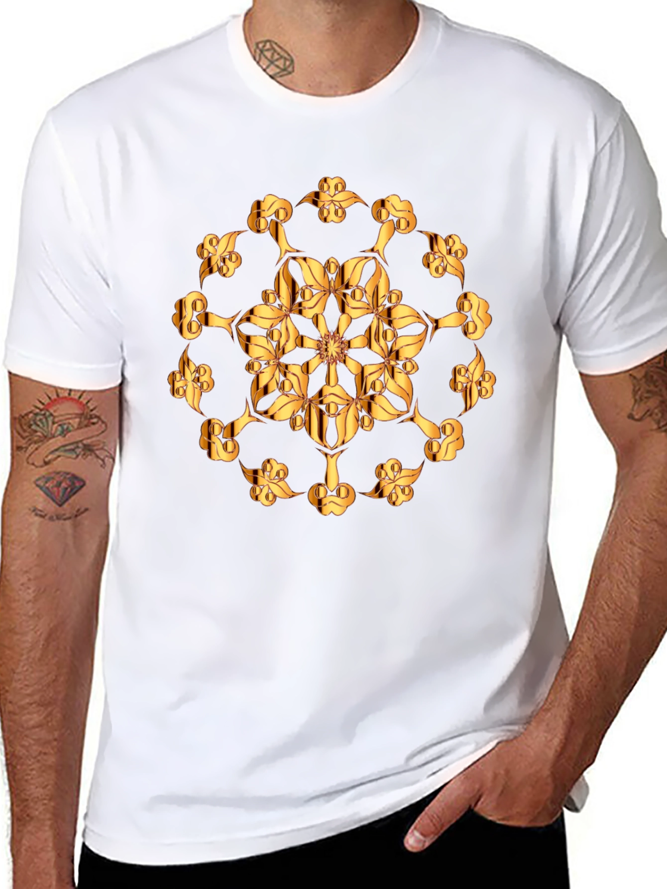 Golden Floral Print Black T-Shirt
