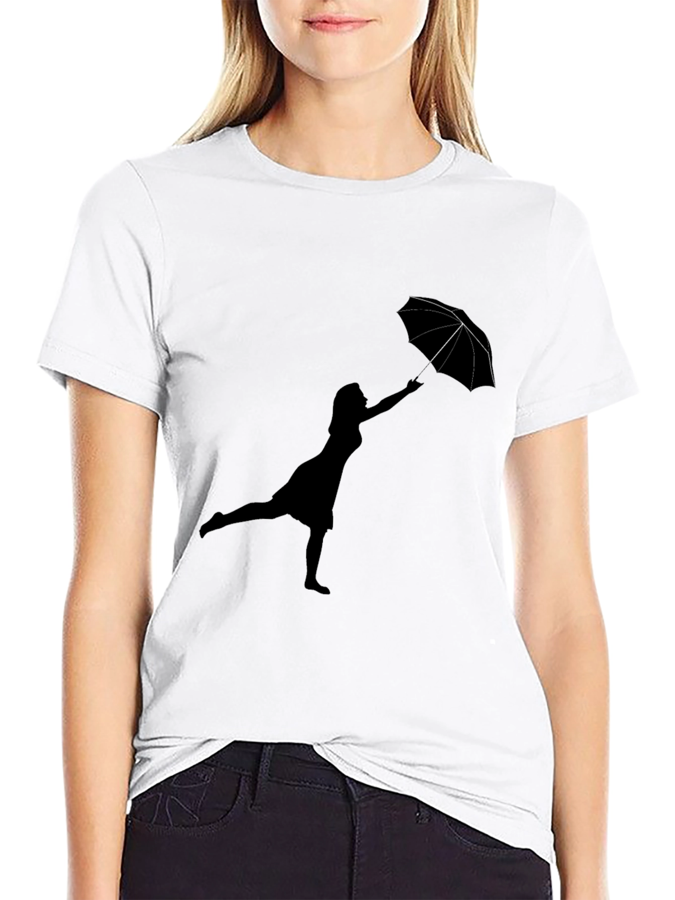 Woman with Umbrella Black T-Shirt