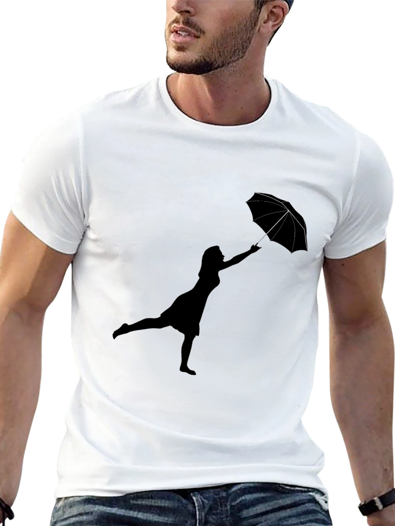 Woman with Umbrella Black T-Shirt
