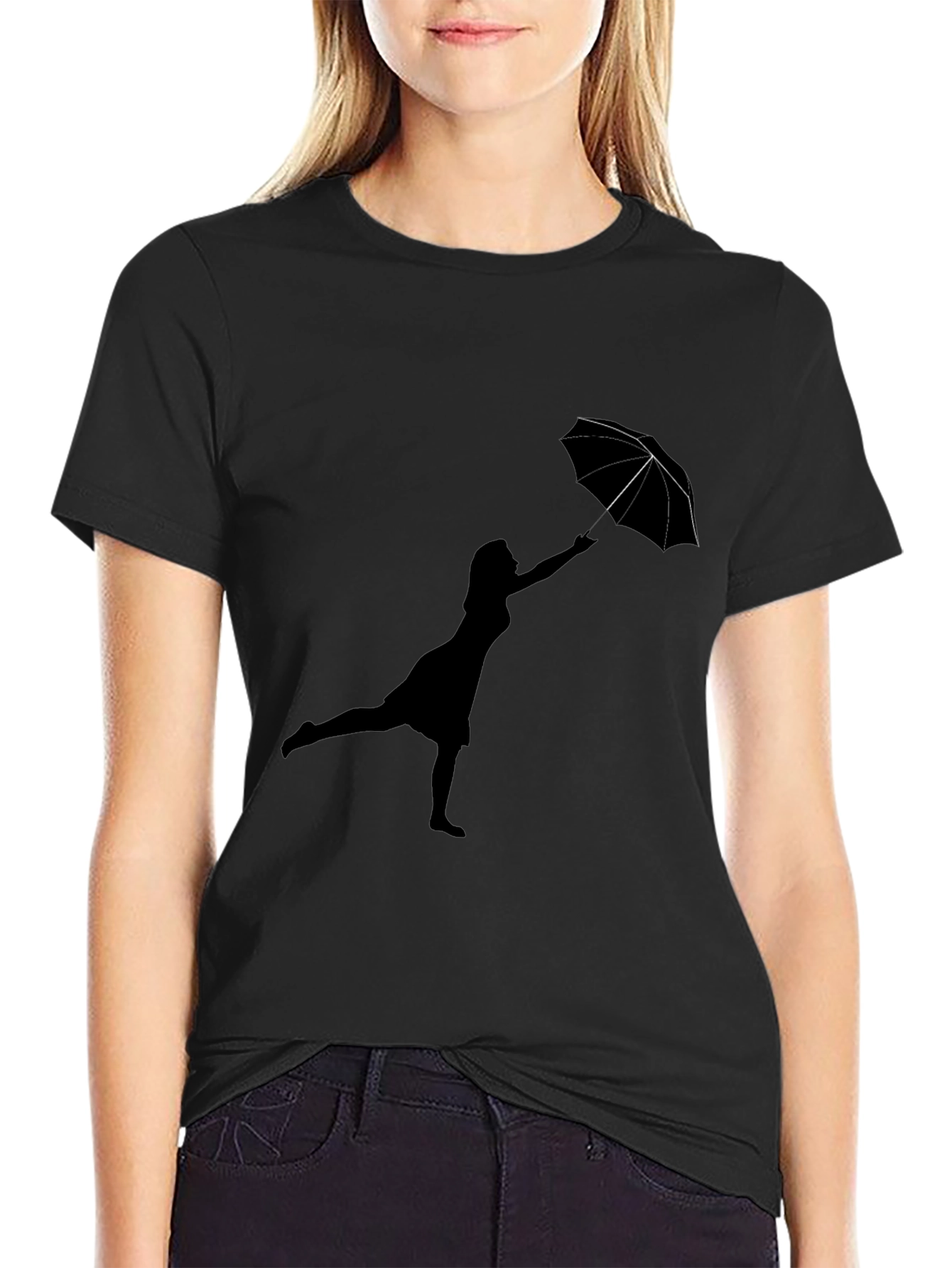 Woman with Umbrella Black T-Shirt