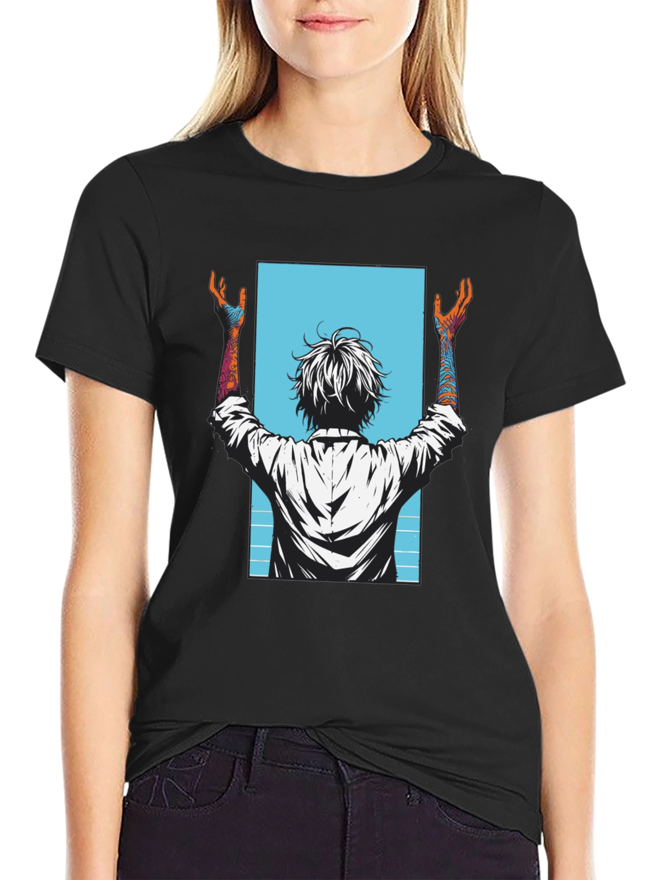 Graphic Tee - Anime Style Print - Black