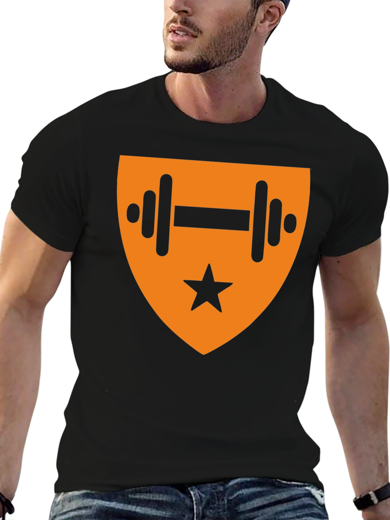 Black T-Shirt with Orange Fitness Emblem