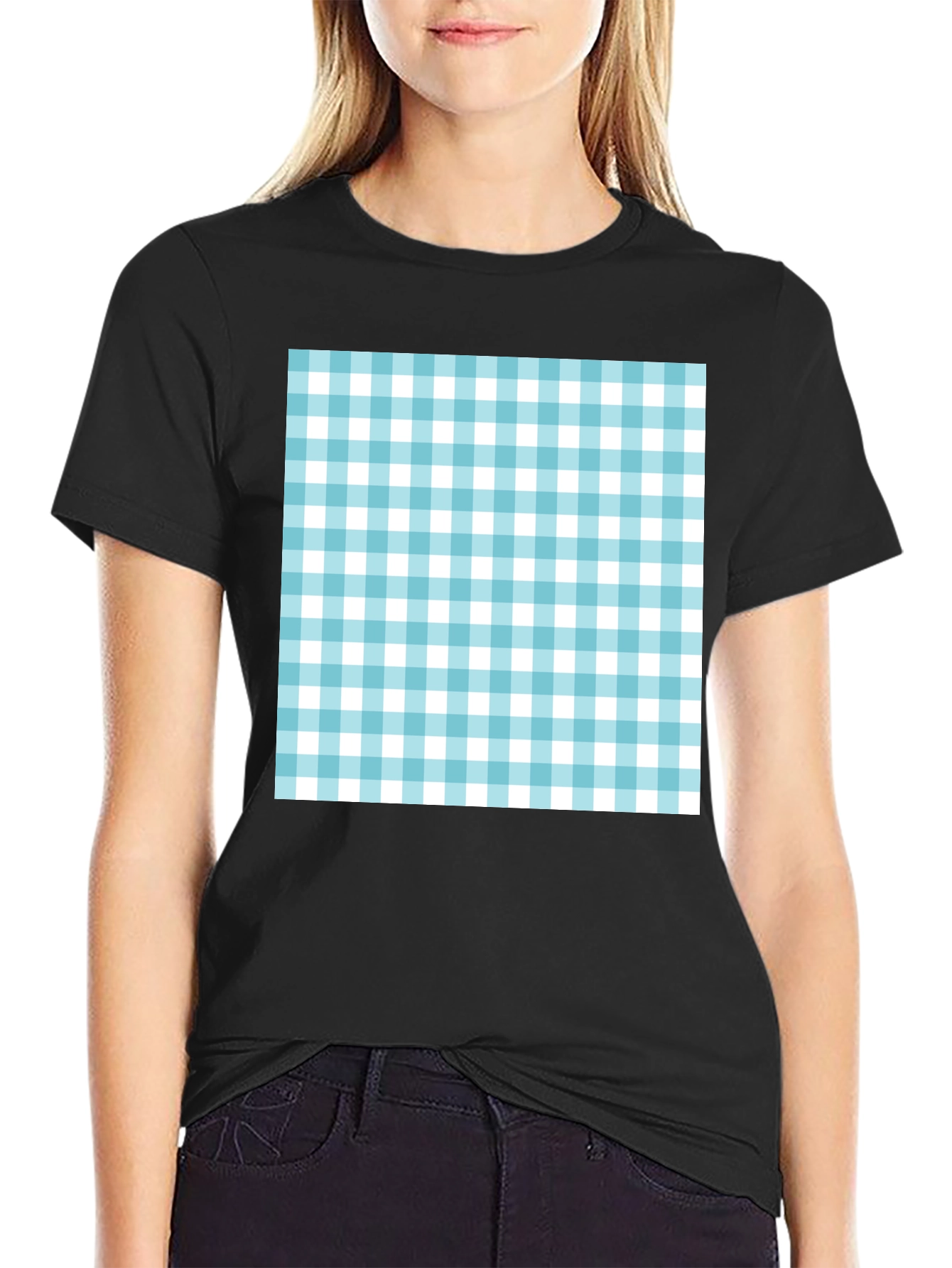 Gingham Pattern Black T-Shirt