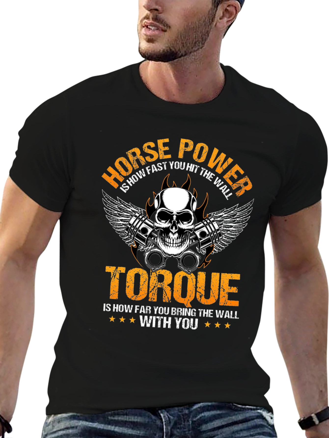 Horsepower Torque Skull Graphic Black T-Shirt