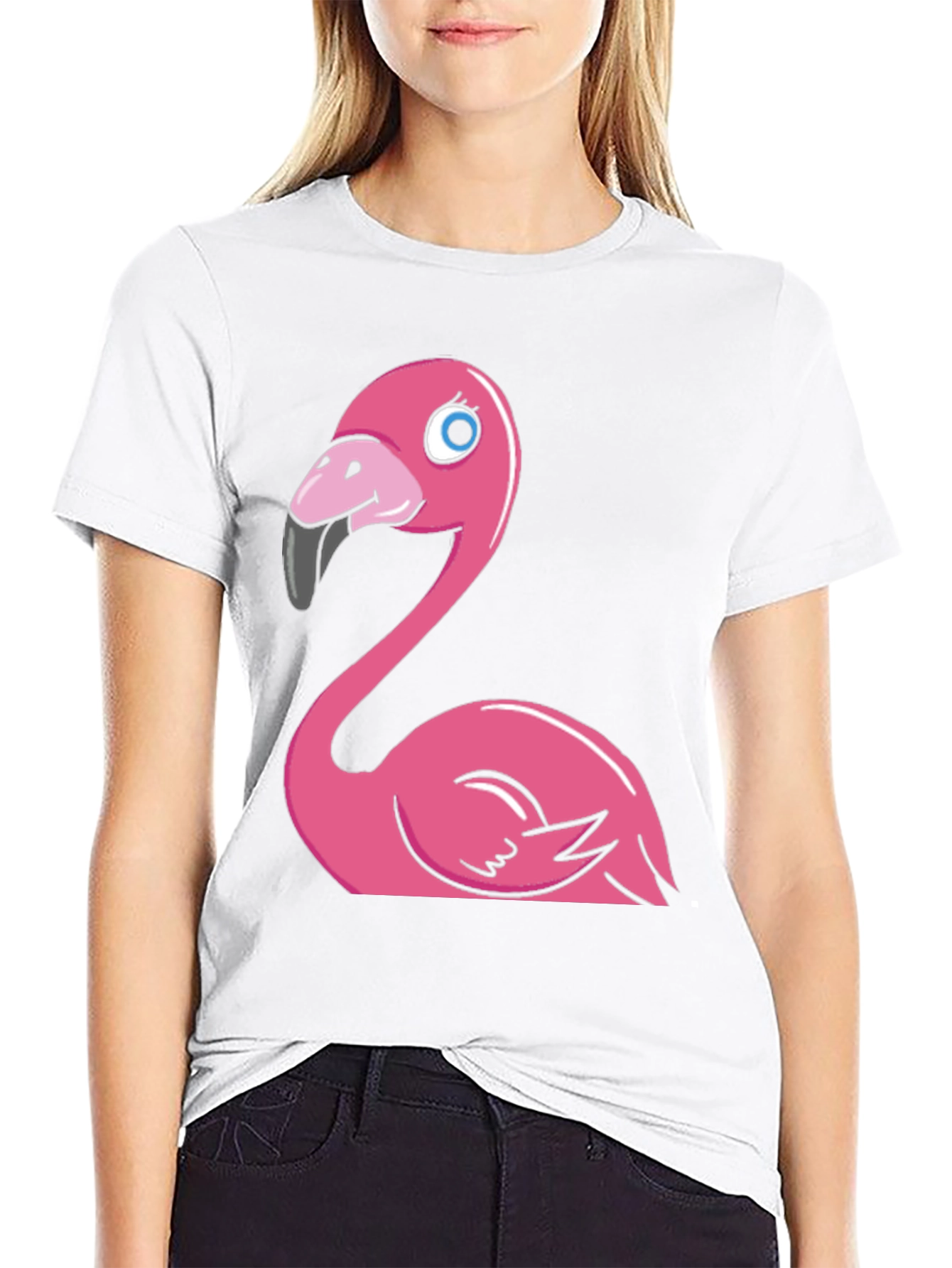 Cartoon Flamingo Graphic Tee - Black Cotton Blend