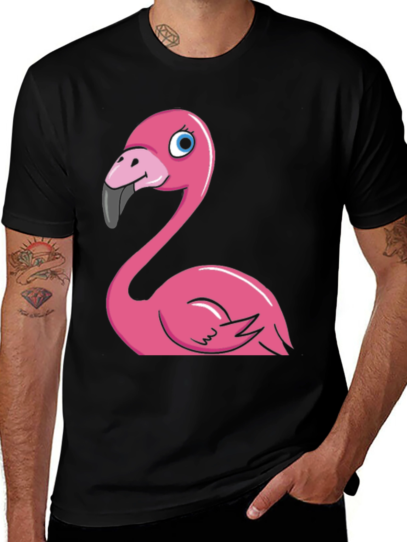 Cartoon Flamingo Graphic Tee - Black Cotton Blend