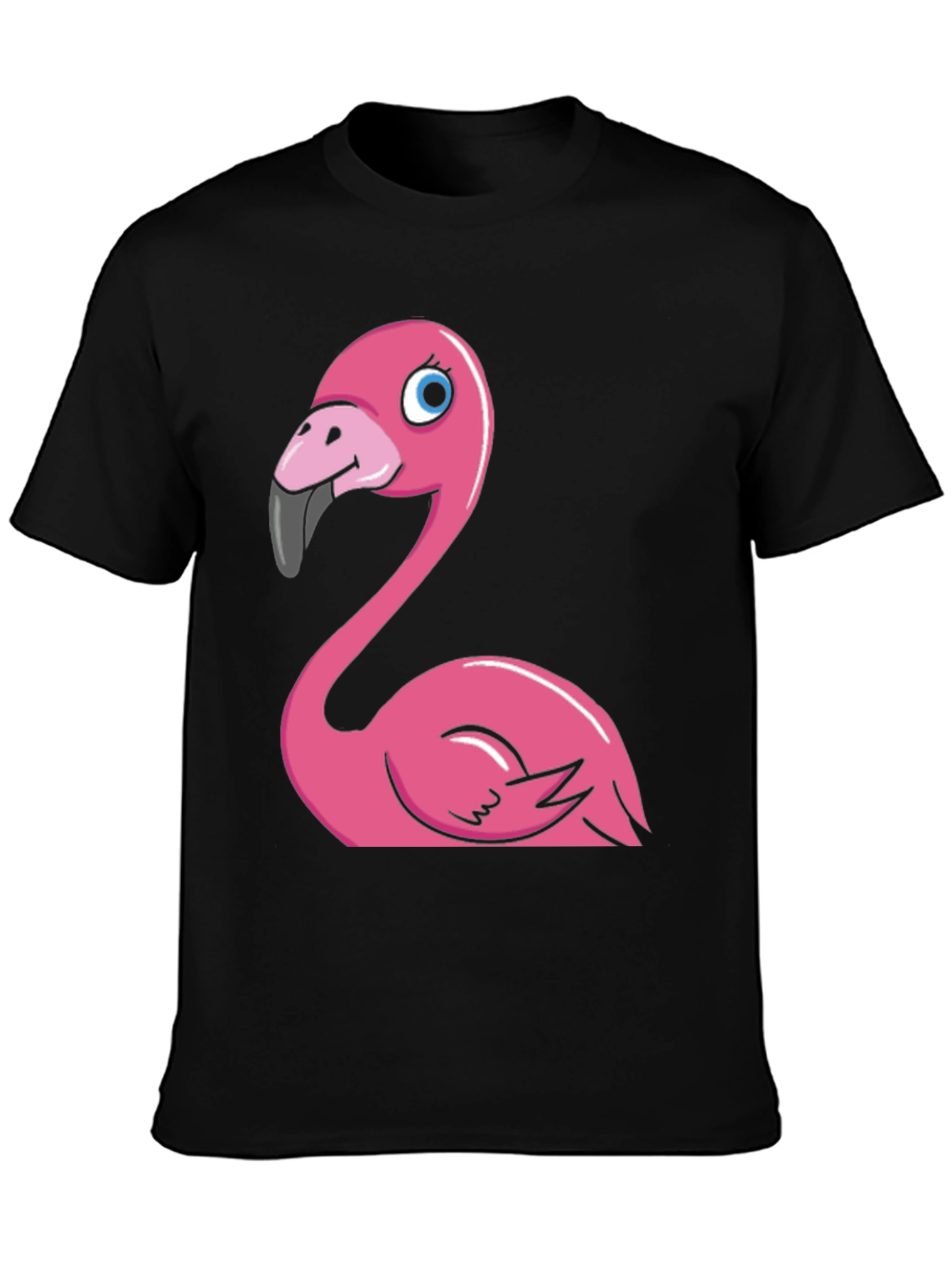 Cartoon Flamingo Graphic Tee - Black Cotton Blend