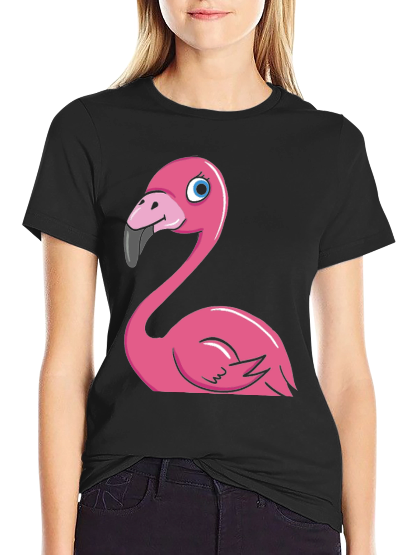 Cartoon Flamingo Graphic Tee - Black Cotton Blend