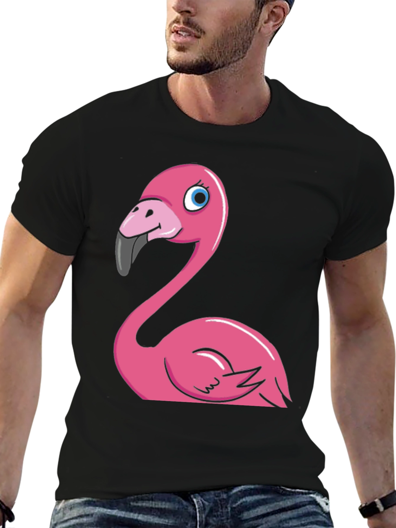 Cartoon Flamingo Graphic Tee - Black Cotton Blend